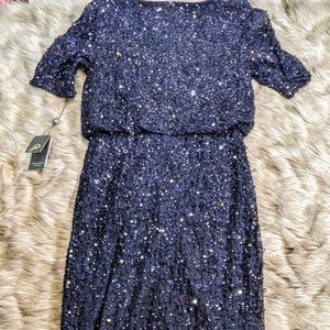 NWT Adrianna Papell All Over Sequin Short Sleeve Blouson Gown with Leg Slit